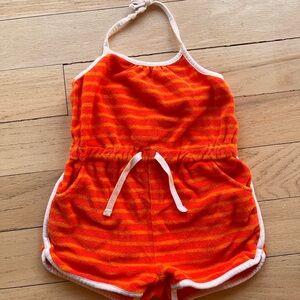 Janie and Jack Red and Orange Striped Halter Romper with White Trim